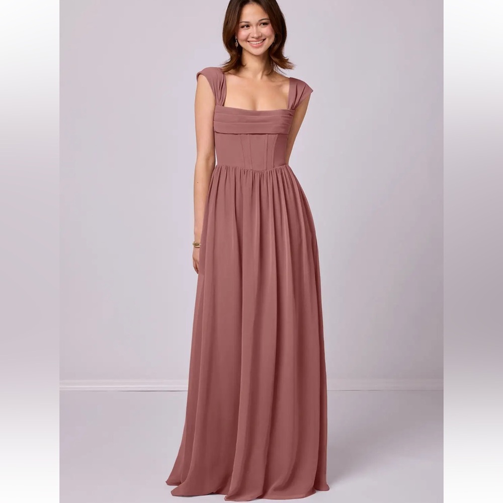 Barbie™ AZAZIE 1036 in Desert Rose long chiffon bridesmaid dress with pockets A6 - Picture 4 of 6